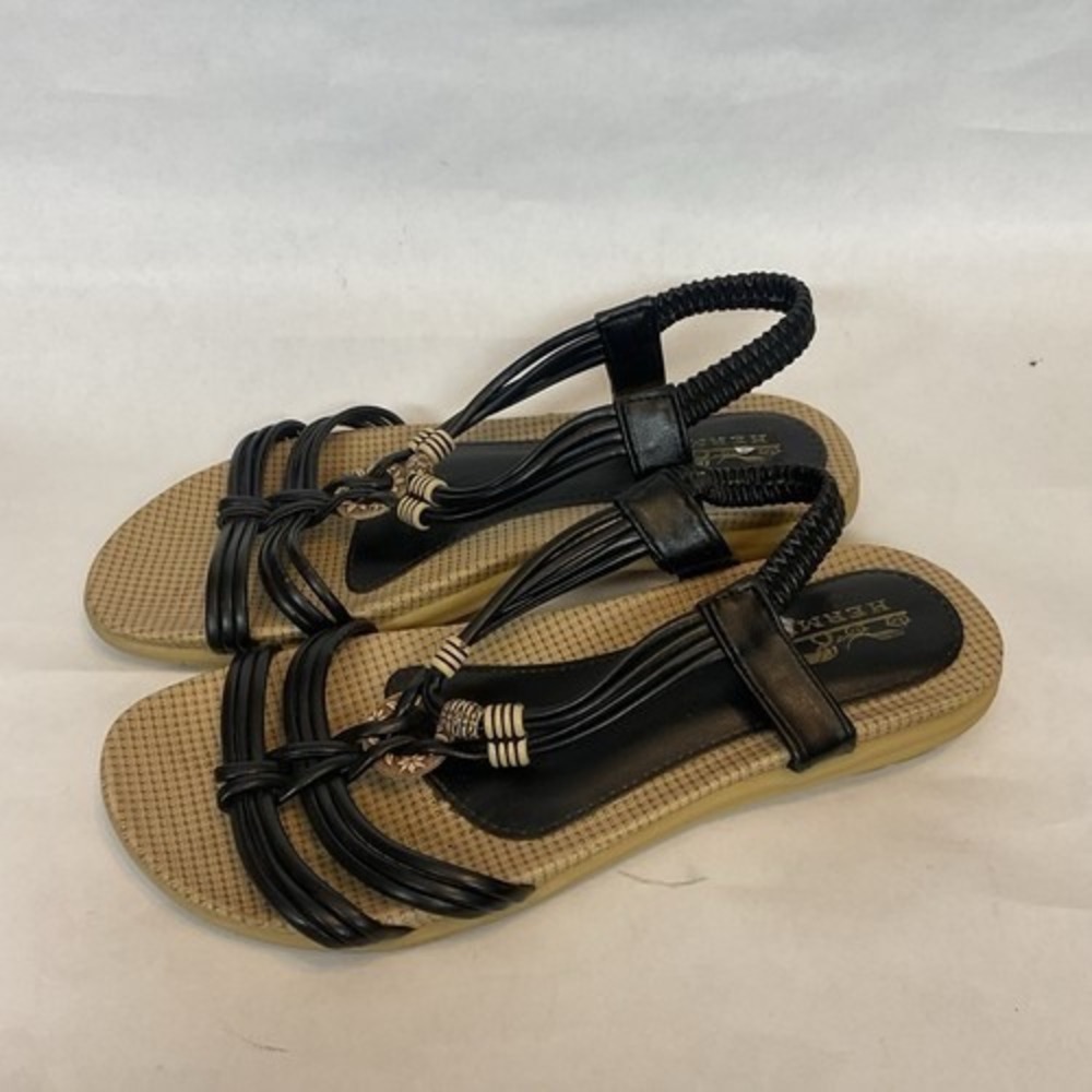 Black Woven Beaded Meditation Slingback Flat Sandals Women 8 China